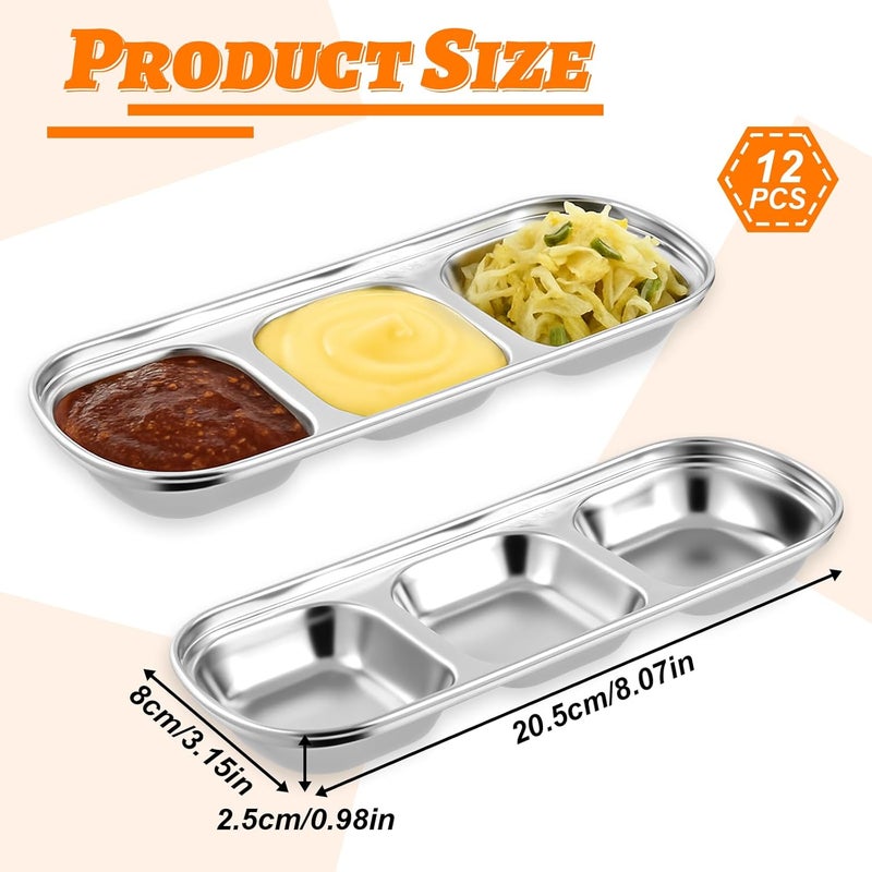 Zelphvt 12 Packs Stainless Steel Divided Dip Bowls Soy Sauce Dishes, Divided Serving Tray Chip and Dip Serving Set, 3 Compartment Sauce Plate Seasoning Dipping Condiment Tray for BBQ Vinegar Spice Sugar - Image 2
